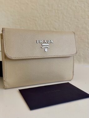 Prada Saffiano Metal Compact Flap Wallet Beige Cipria & COA Cert of Authenticity